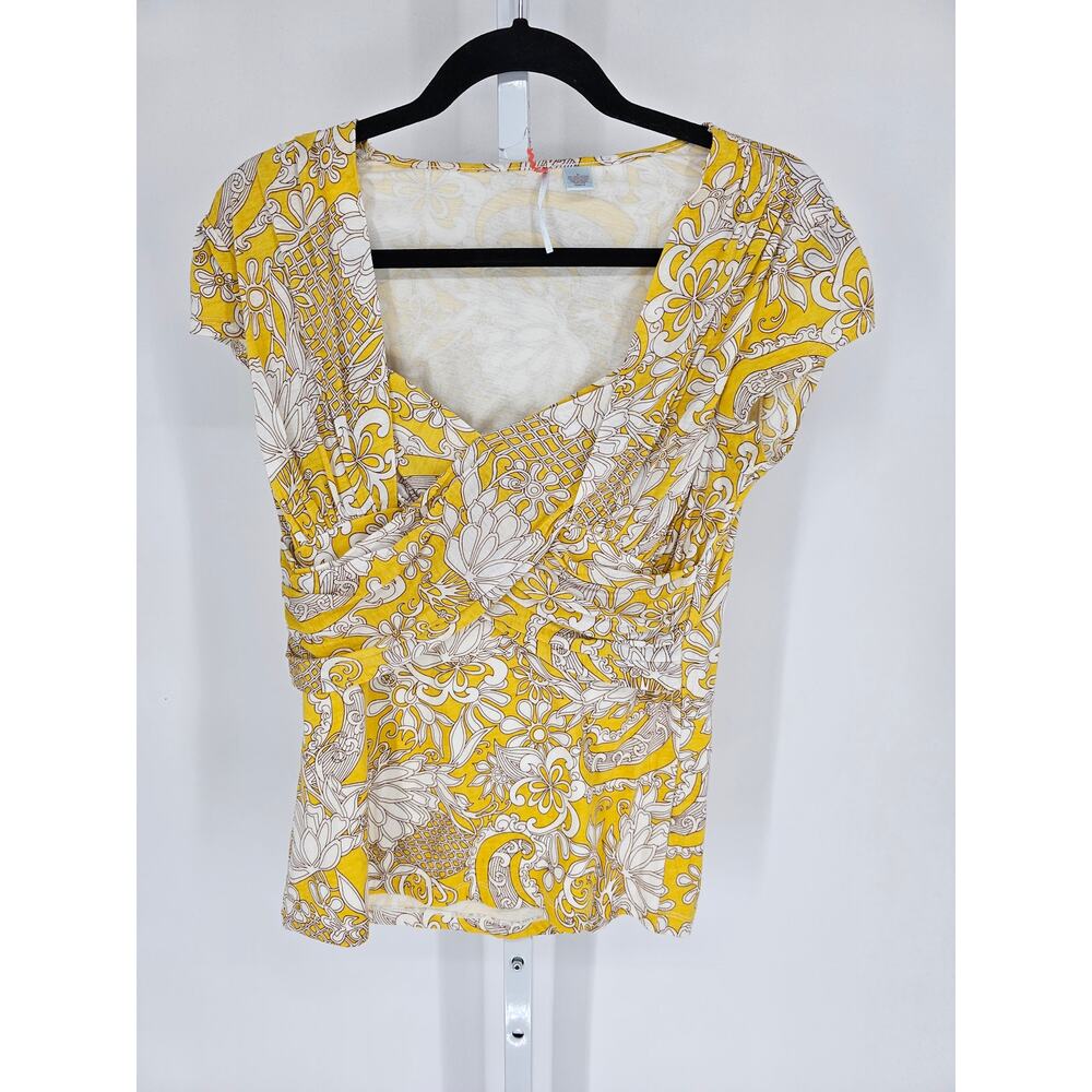 RicRac Womens Sz M Short Sleeve Blouse Yellow White Floral Knotted Front